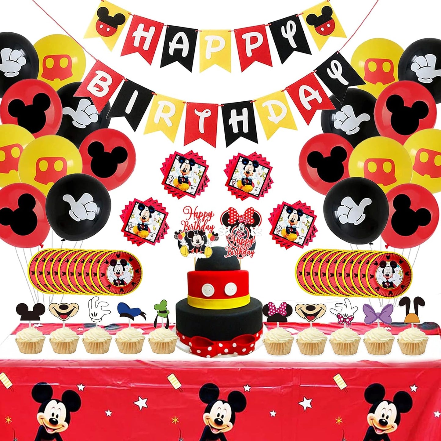 Cartoon Mouse Birthday Party Supplies Decorations Include Birthday Banner, 20 Plates, 20 Napkins, 18Balloons, 10 Cupcake Toppers, 2 Cake Toppers and Tablecloths for Kids Girls Boys Party Favors