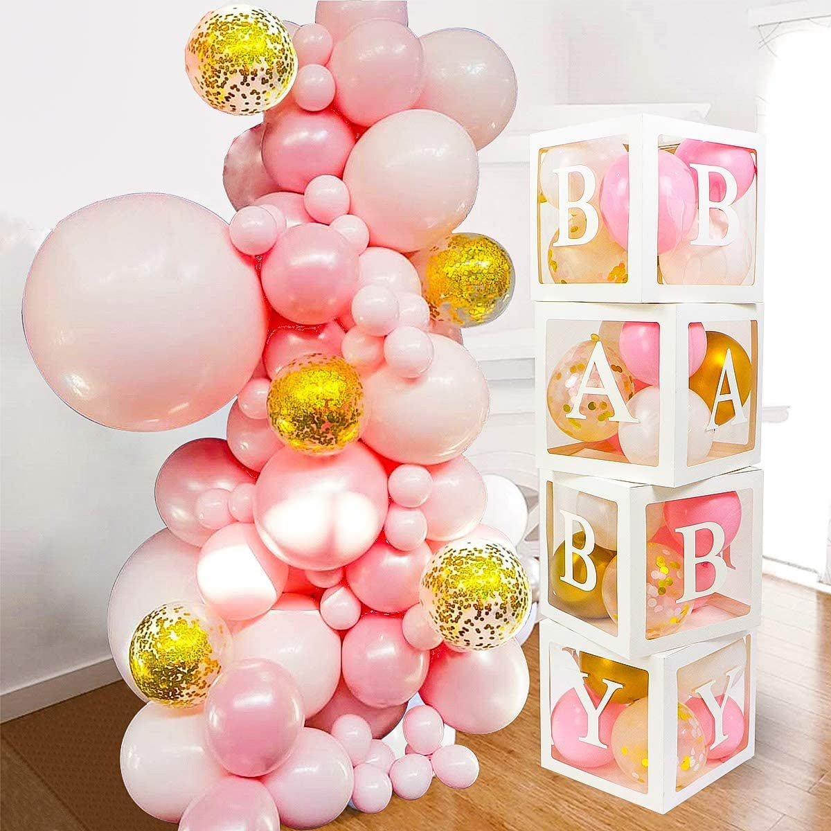 82 PCS Baby Shower Decorations for Girl - Jumbo Transparent Baby Block Balloon Box Includes BABY, a - Z Letters DYI, White Pink Gold Confetti Balloons, Gender Reveal Party Supplies, 1St Birthday Décor