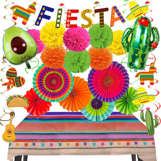 Fiesta Party Decorations, Multi-Colored Paper Fans Pom Poms Fiesta Banner Mexican Tablecloth Hanging Swirls Cactu Avocado Balloon for Mexican Fiesta Cinco De Mayo Taco Birthday Party Supplies