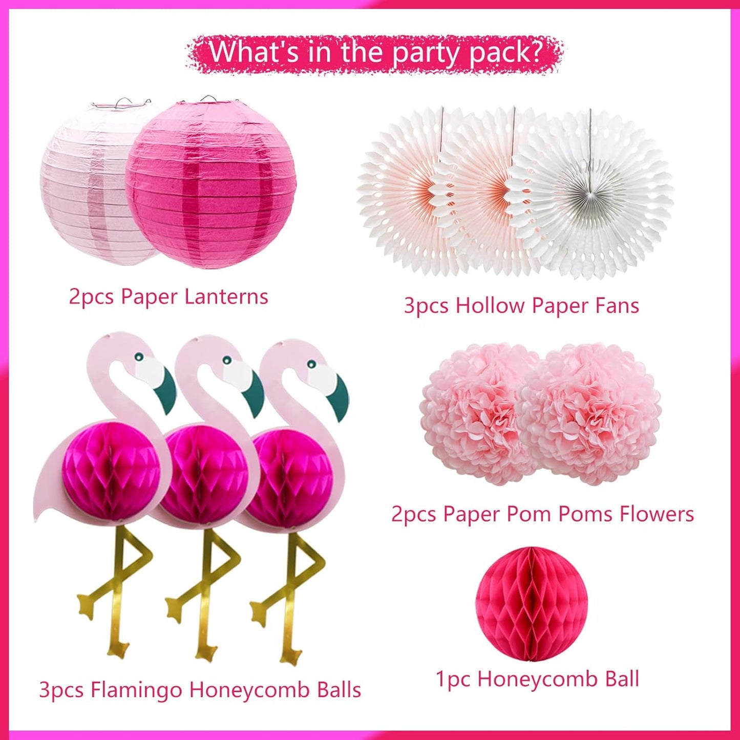 Tropical Pink Flamingo Party Decorations, Pom Poms Honeycomb Balls Paper Flowers Tissue Paper Fan Paper Lanterns for Birthday Hawaiian Luau Summer Beach Bachelorette Party