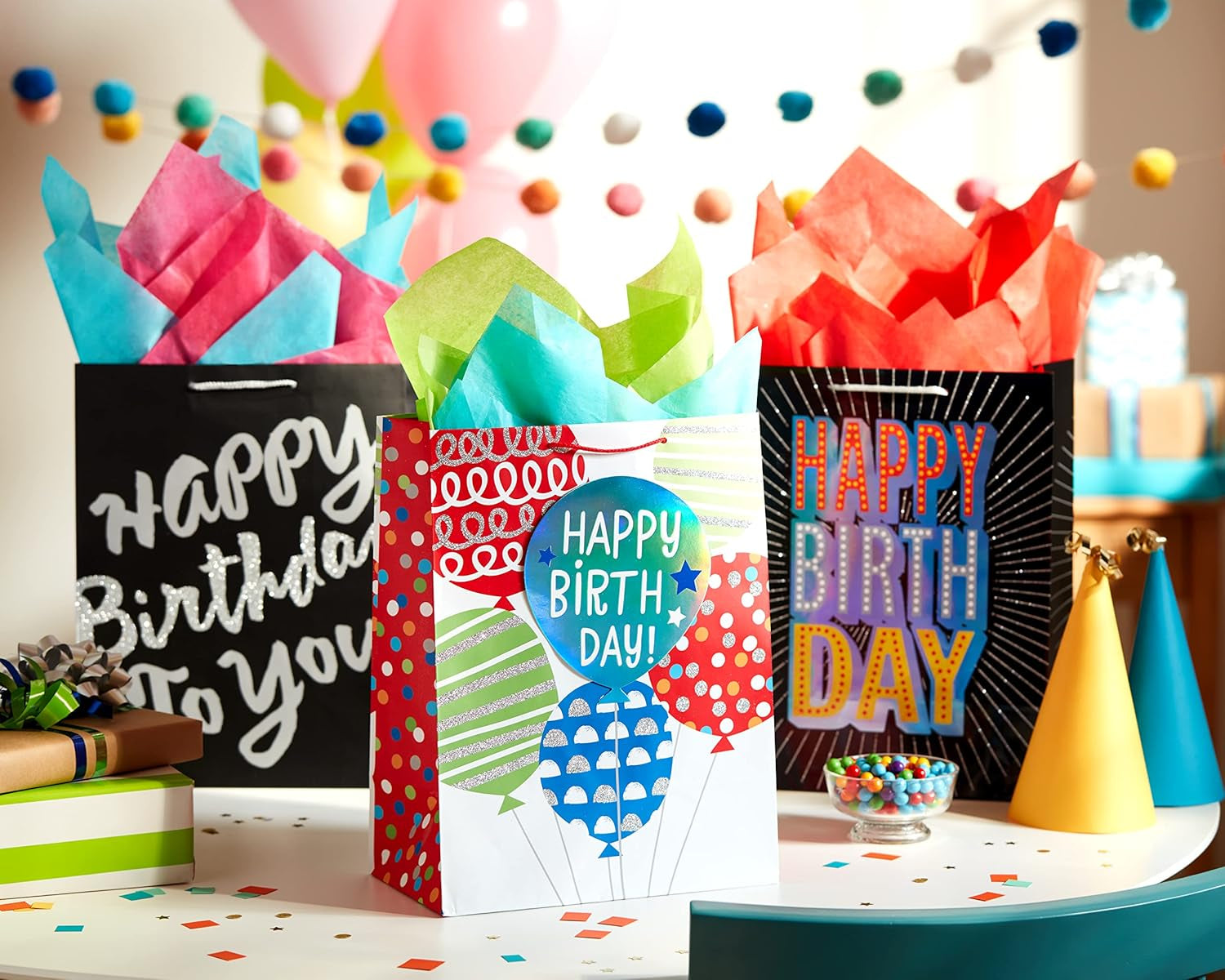 Birthday Gift Bag Assortment (6 Bags, 3 Medium 10" and 3 Large 13")