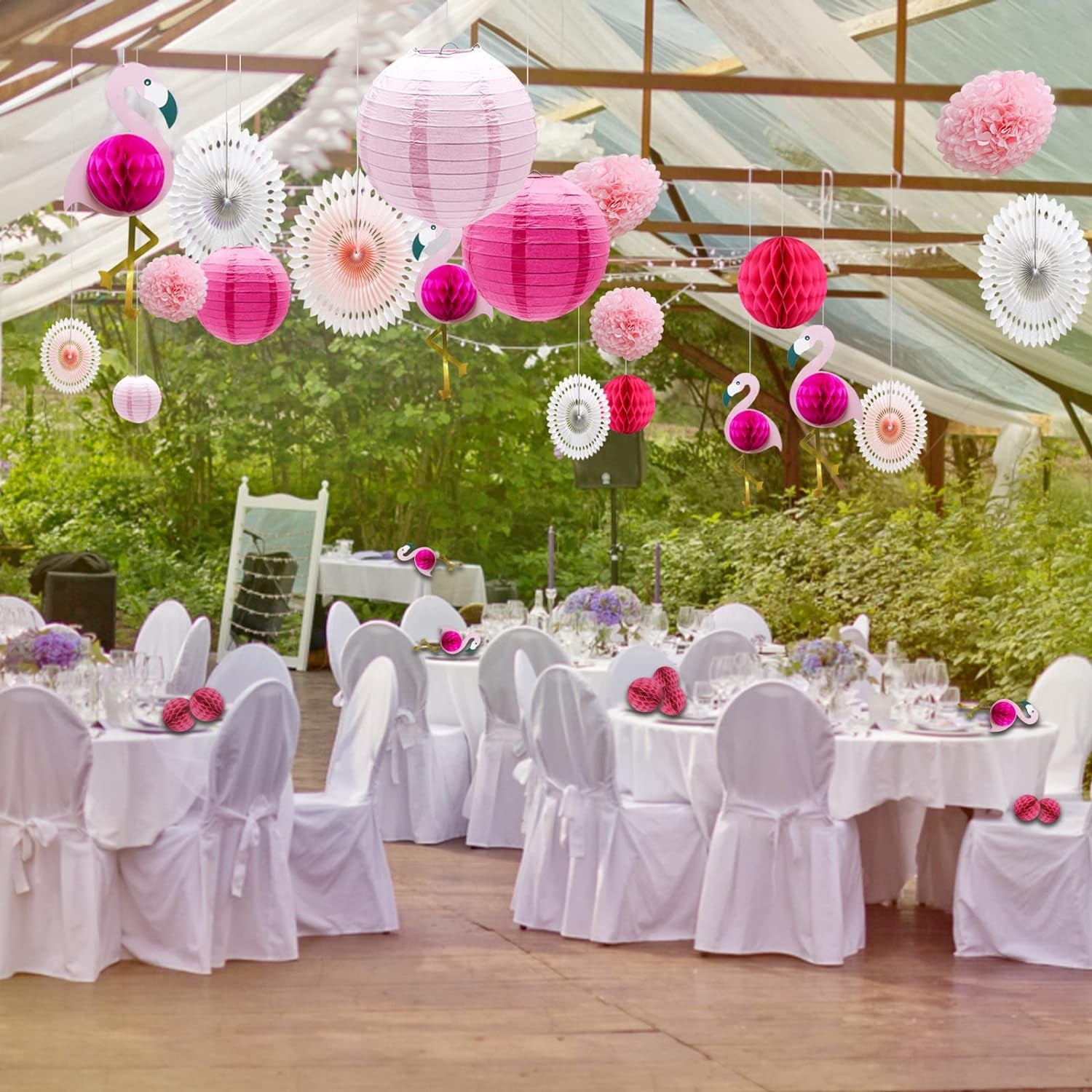 Tropical Pink Flamingo Party Decorations, Pom Poms Honeycomb Balls Paper Flowers Tissue Paper Fan Paper Lanterns for Birthday Hawaiian Luau Summer Beach Bachelorette Party