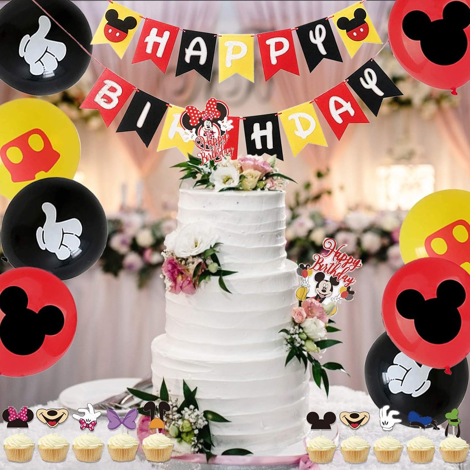 Cartoon Mouse Birthday Party Supplies Decorations Include Birthday Banner, 20 Plates, 20 Napkins, 18Balloons, 10 Cupcake Toppers, 2 Cake Toppers and Tablecloths for Kids Girls Boys Party Favors