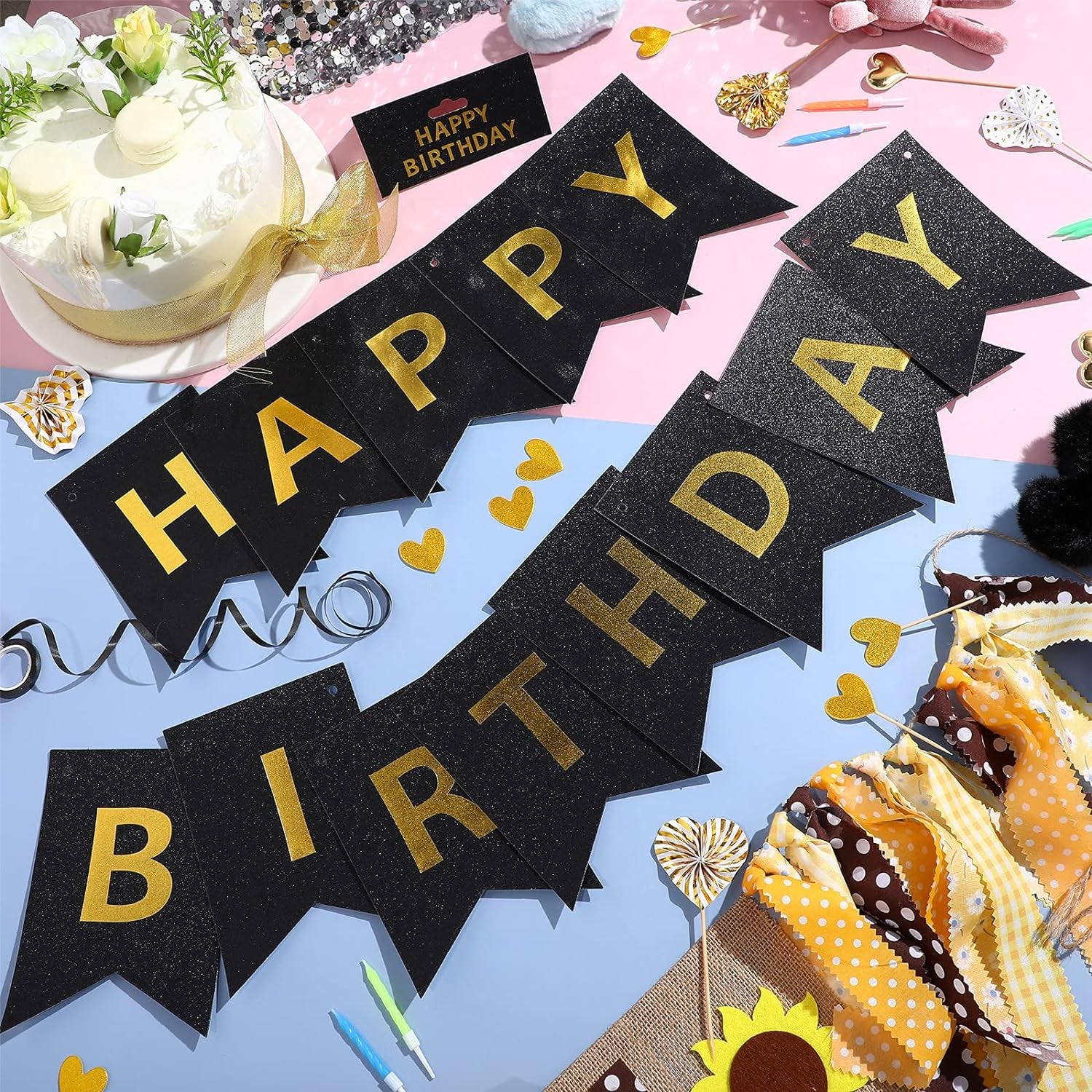 Happy Birthday Banner with Shiny Letters Glitter Happy Birthday Banner Shiny Birthday Hanging Signs Birthday Party Supplies (Black)