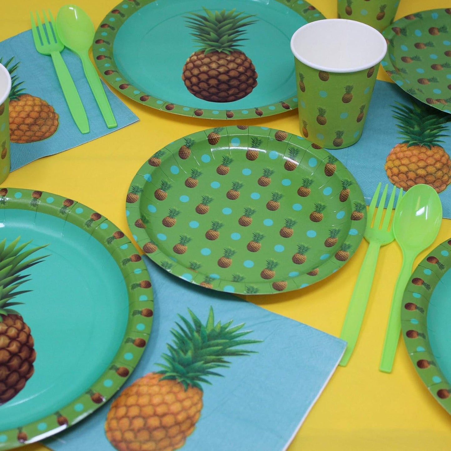 Pineapple Party Supplies Packs (100 Pieces for 16 Guests) - Hawaiian Party Decorations, Pineapple Party Decorations, Luau Party, Tropical Paper Plates, Pineapple Decorations for Party,