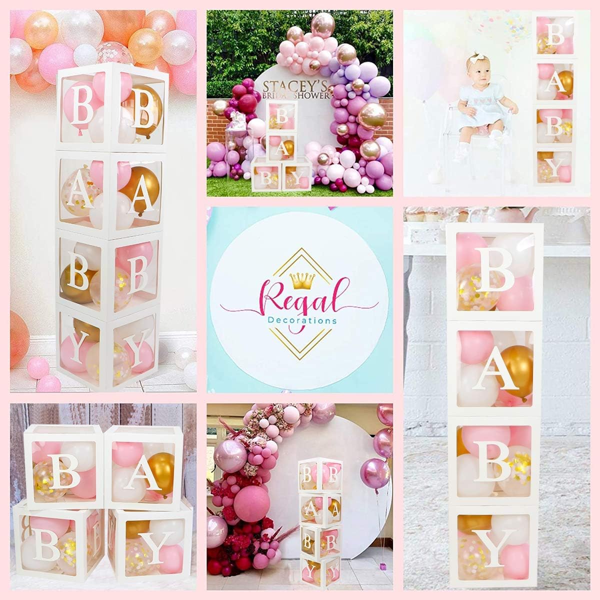 82 PCS Baby Shower Decorations for Girl - Jumbo Transparent Baby Block Balloon Box Includes BABY, a - Z Letters DYI, White Pink Gold Confetti Balloons, Gender Reveal Party Supplies, 1St Birthday Décor