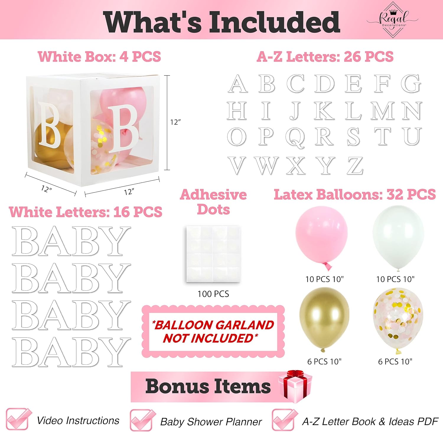 82 PCS Baby Shower Decorations for Girl - Jumbo Transparent Baby Block Balloon Box Includes BABY, a - Z Letters DYI, White Pink Gold Confetti Balloons, Gender Reveal Party Supplies, 1St Birthday Décor