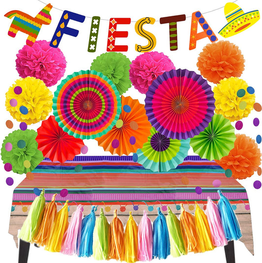 Fiesta Party Decorations, Multicolor Fiesta Banner Paper Fans Pompoms Tissue Paper Tassel Tablecloth Garlands String for Fiesta Mexican Theme Cinco De Mayo Coco Carnivals Festivals Party