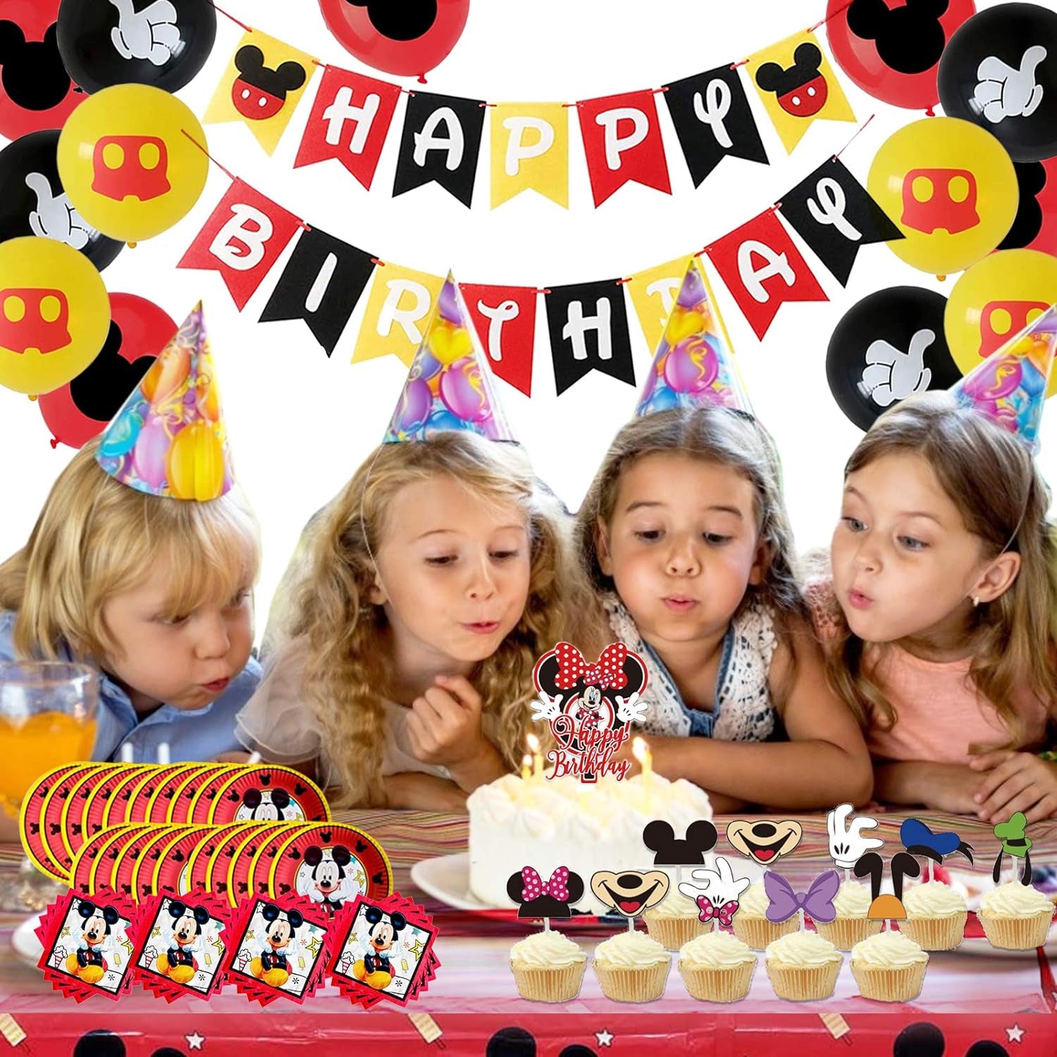 Cartoon Mouse Birthday Party Supplies Decorations Include Birthday Banner, 20 Plates, 20 Napkins, 18Balloons, 10 Cupcake Toppers, 2 Cake Toppers and Tablecloths for Kids Girls Boys Party Favors