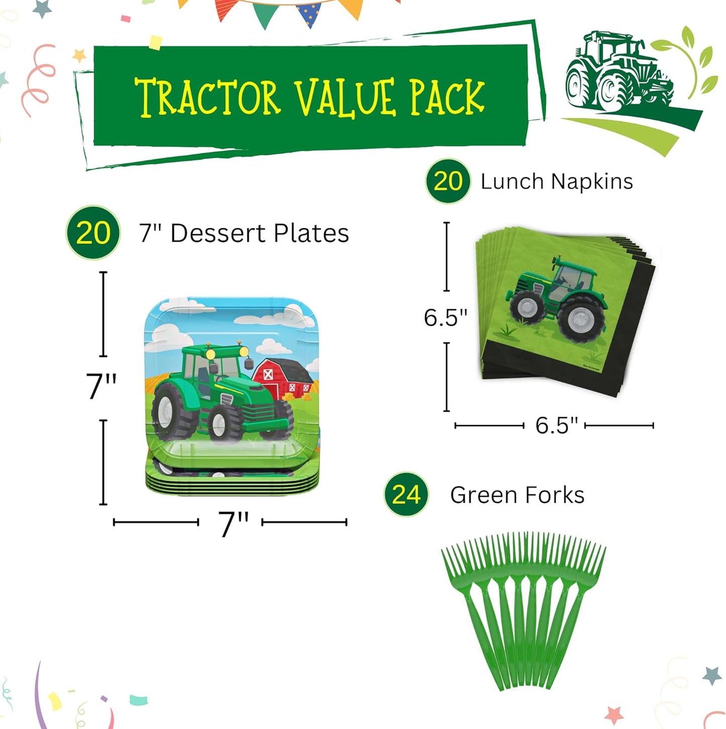 Tractor Value Party Supplies Pack (64 Pieces for 16 Guests) - Tractor Birthday Party Supplies, Tractor Party Supplies, Tractor Plates, Farm Animal Party, Tractor Theme Baby Shower,