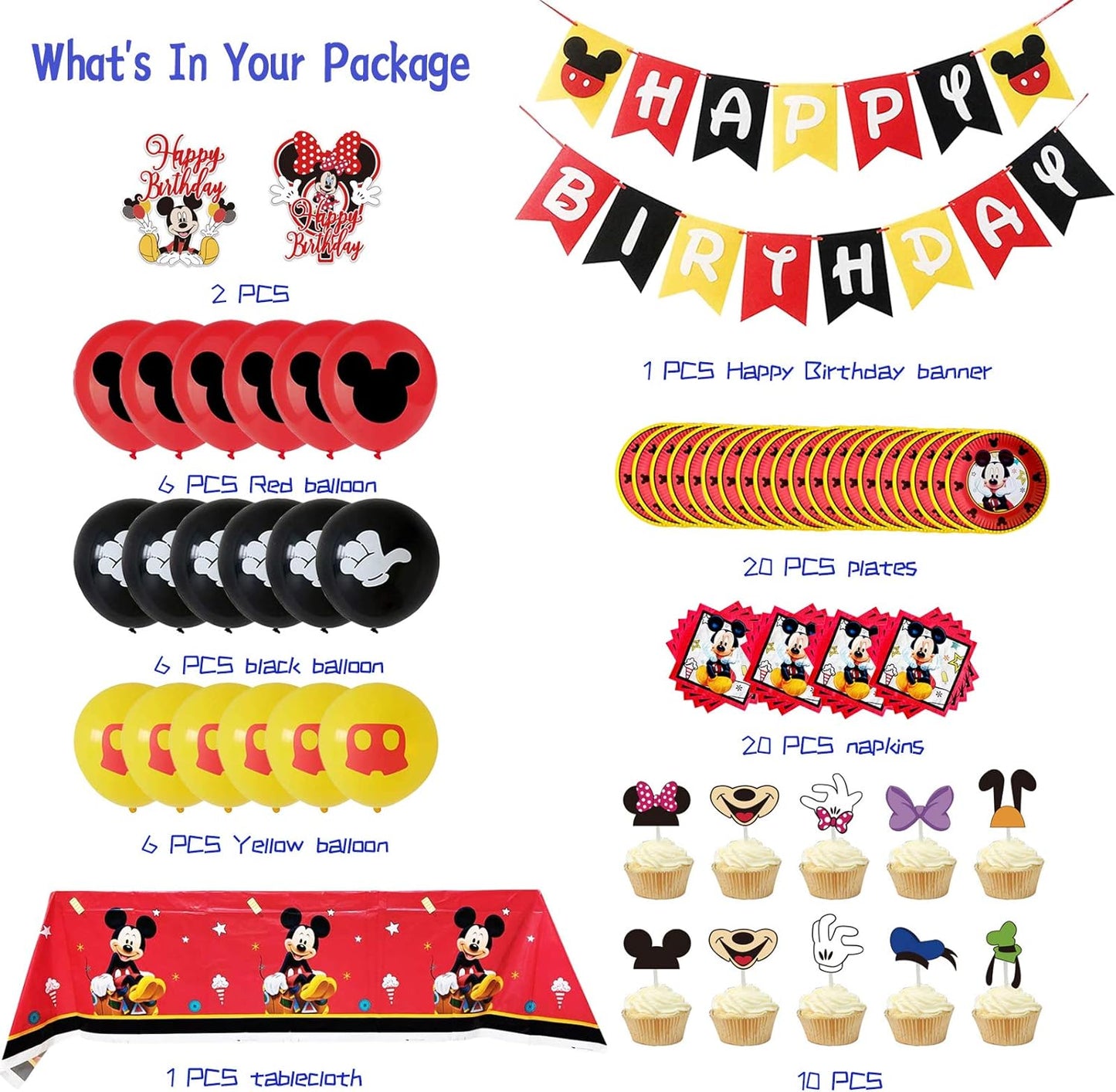 Cartoon Mouse Birthday Party Supplies Decorations Include Birthday Banner, 20 Plates, 20 Napkins, 18Balloons, 10 Cupcake Toppers, 2 Cake Toppers and Tablecloths for Kids Girls Boys Party Favors