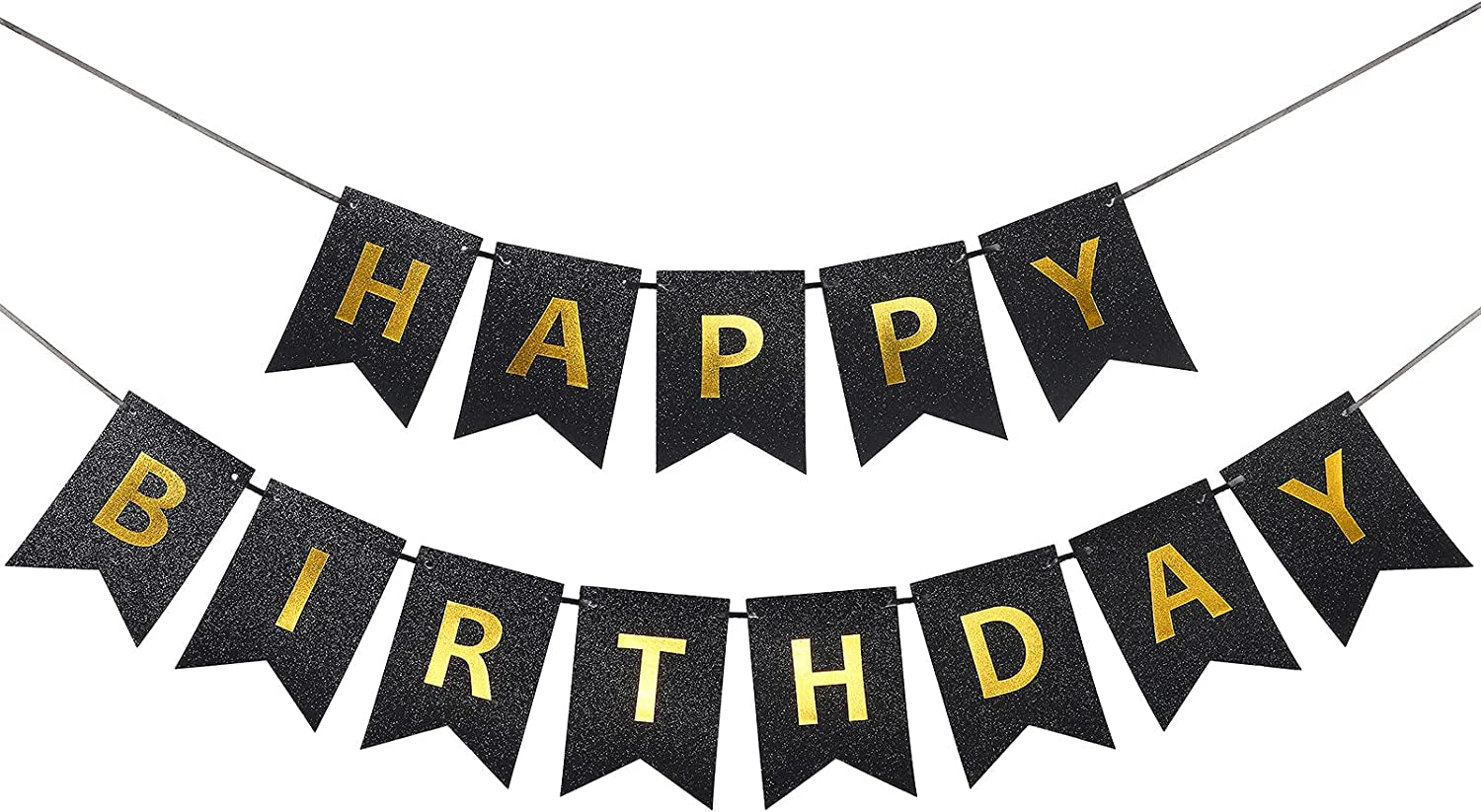 Happy Birthday Banner with Shiny Letters Glitter Happy Birthday Banner Shiny Birthday Hanging Signs Birthday Party Supplies (Black)