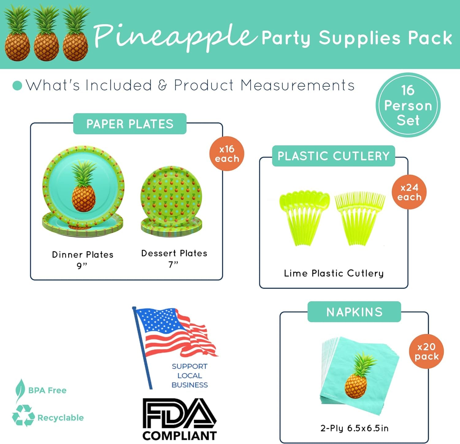 Pineapple Party Supplies Packs (100 Pieces for 16 Guests) - Hawaiian Party Decorations, Pineapple Party Decorations, Luau Party, Tropical Paper Plates, Pineapple Decorations for Party,