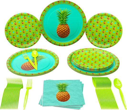 Pineapple Party Supplies Packs (100 Pieces for 16 Guests) - Hawaiian Party Decorations, Pineapple Party Decorations, Luau Party, Tropical Paper Plates, Pineapple Decorations for Party,