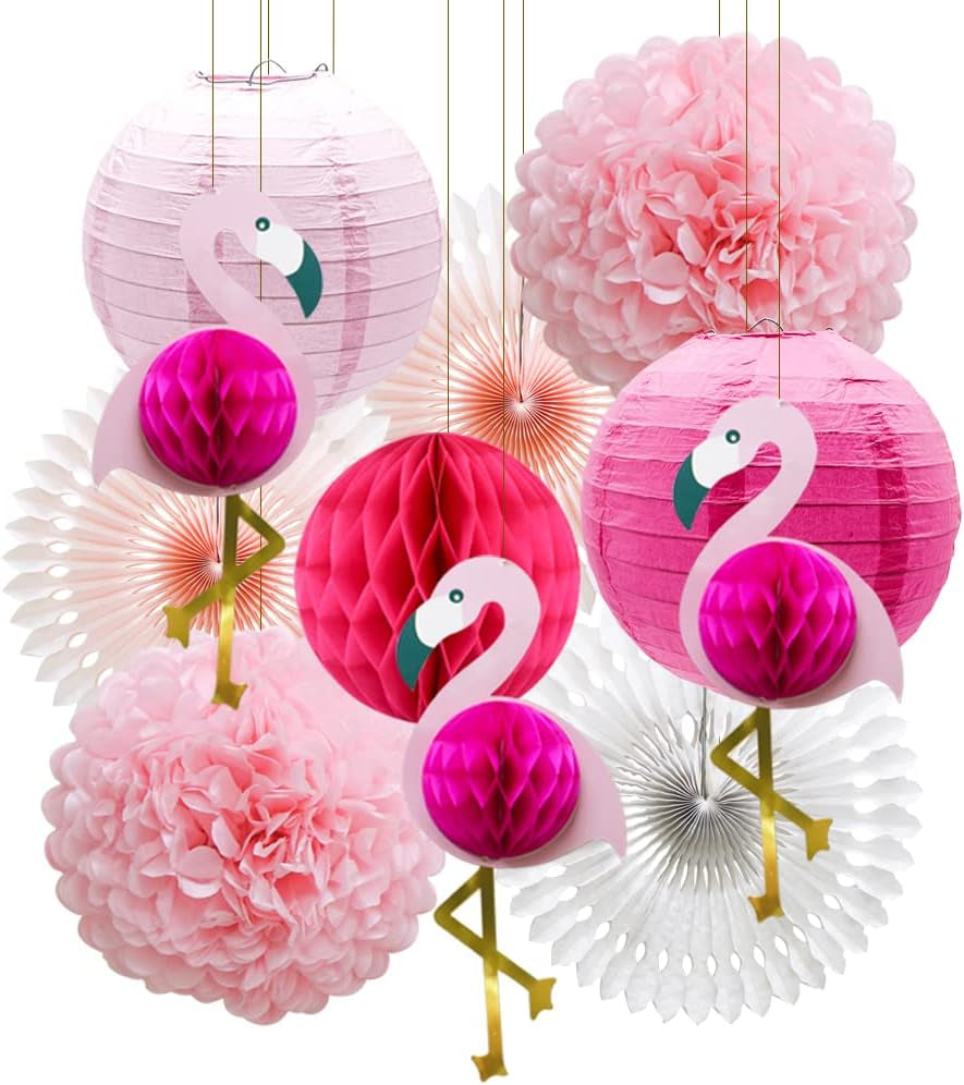 Tropical Pink Flamingo Party Decorations, Pom Poms Honeycomb Balls Paper Flowers Tissue Paper Fan Paper Lanterns for Birthday Hawaiian Luau Summer Beach Bachelorette Party