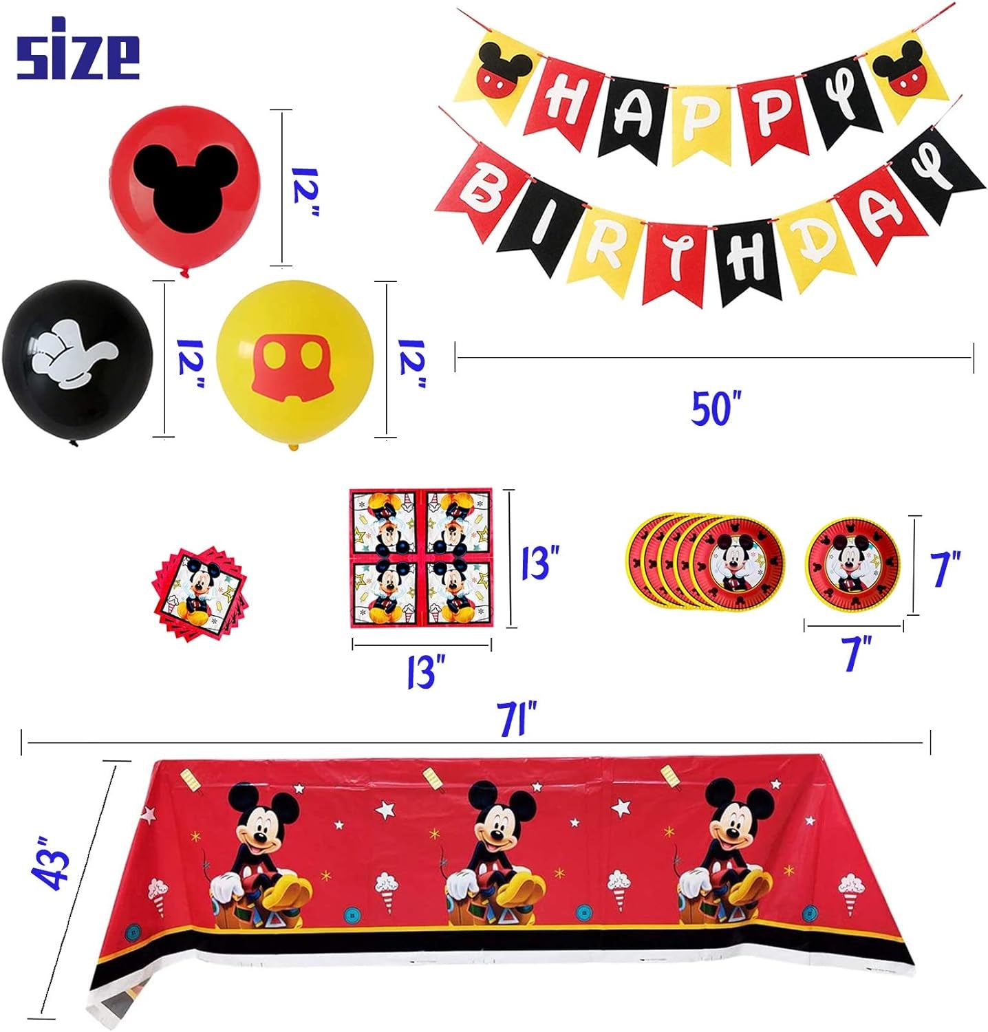 Cartoon Mouse Birthday Party Supplies Decorations Include Birthday Banner, 20 Plates, 20 Napkins, 18Balloons, 10 Cupcake Toppers, 2 Cake Toppers and Tablecloths for Kids Girls Boys Party Favors