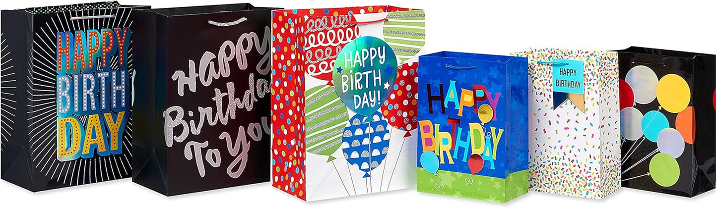 Birthday Gift Bag Assortment (6 Bags, 3 Medium 10" and 3 Large 13")