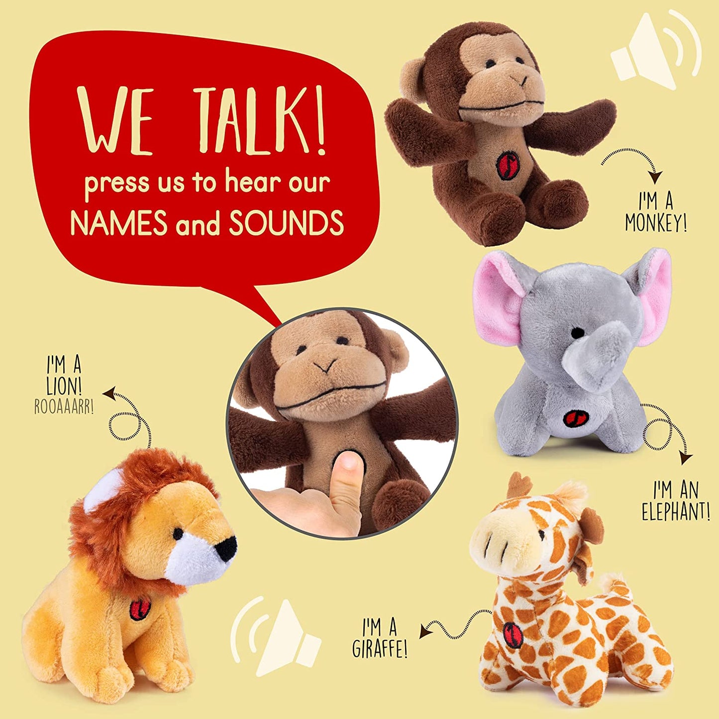 Talking Jungle Plush Toys for Toddlers | Set of 4 Cute Stuffed Animals: Monkey, Elephant, Lion, & Giraffe