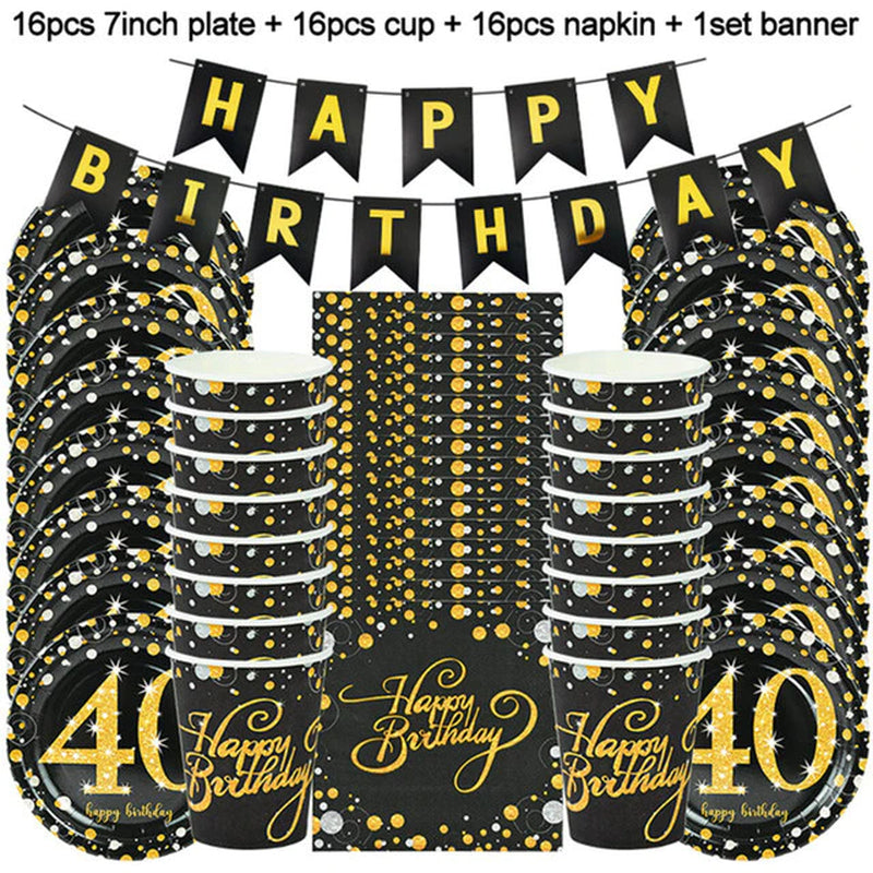 49Pcs/Set Gold Black Birthday Party Tableware Set Happy Birthday Disposable Party Tableware Plates Cups Napkin Home Decoration