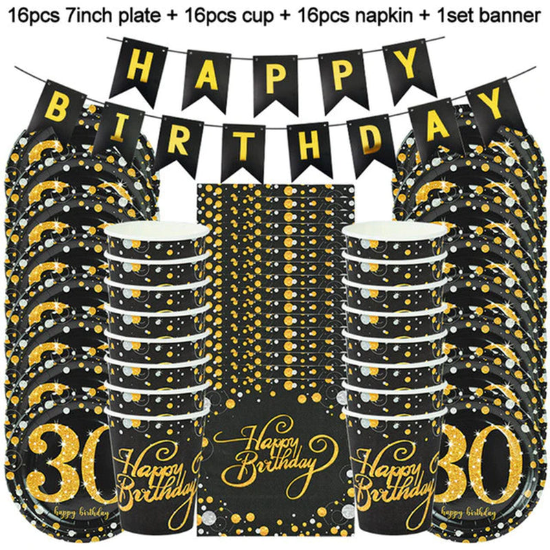 49Pcs/Set Gold Black Birthday Party Tableware Set Happy Birthday Disposable Party Tableware Plates Cups Napkin Home Decoration